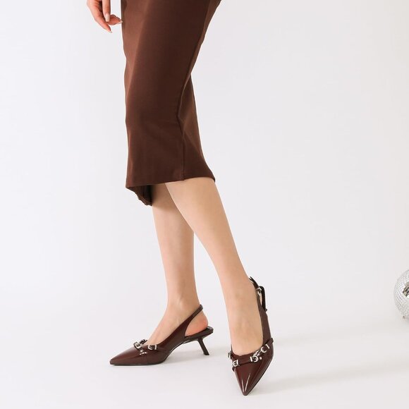 Women's Dark Brown Pointed Toe Pumps Patent Leather Slingback Heels With Buckle - Picture 2 of 9